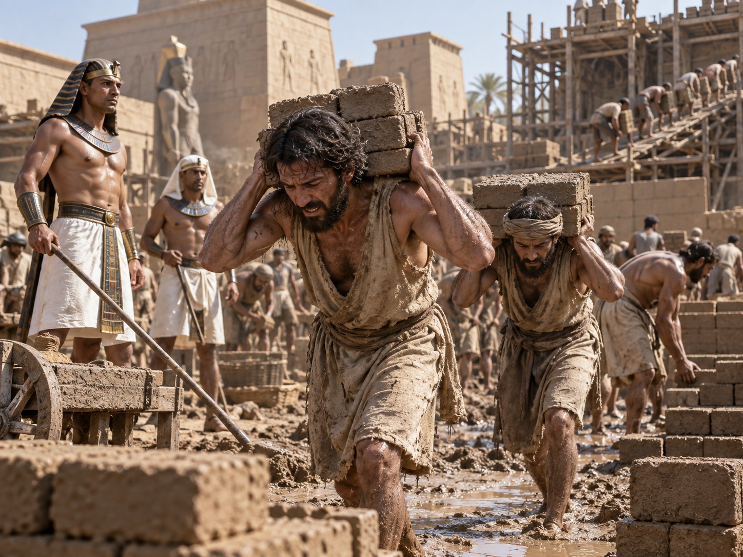Homens semitas carregando cestos de barro sob sol forte à margem de um canal do Delta, com um egípcio de bastão observando à distância.