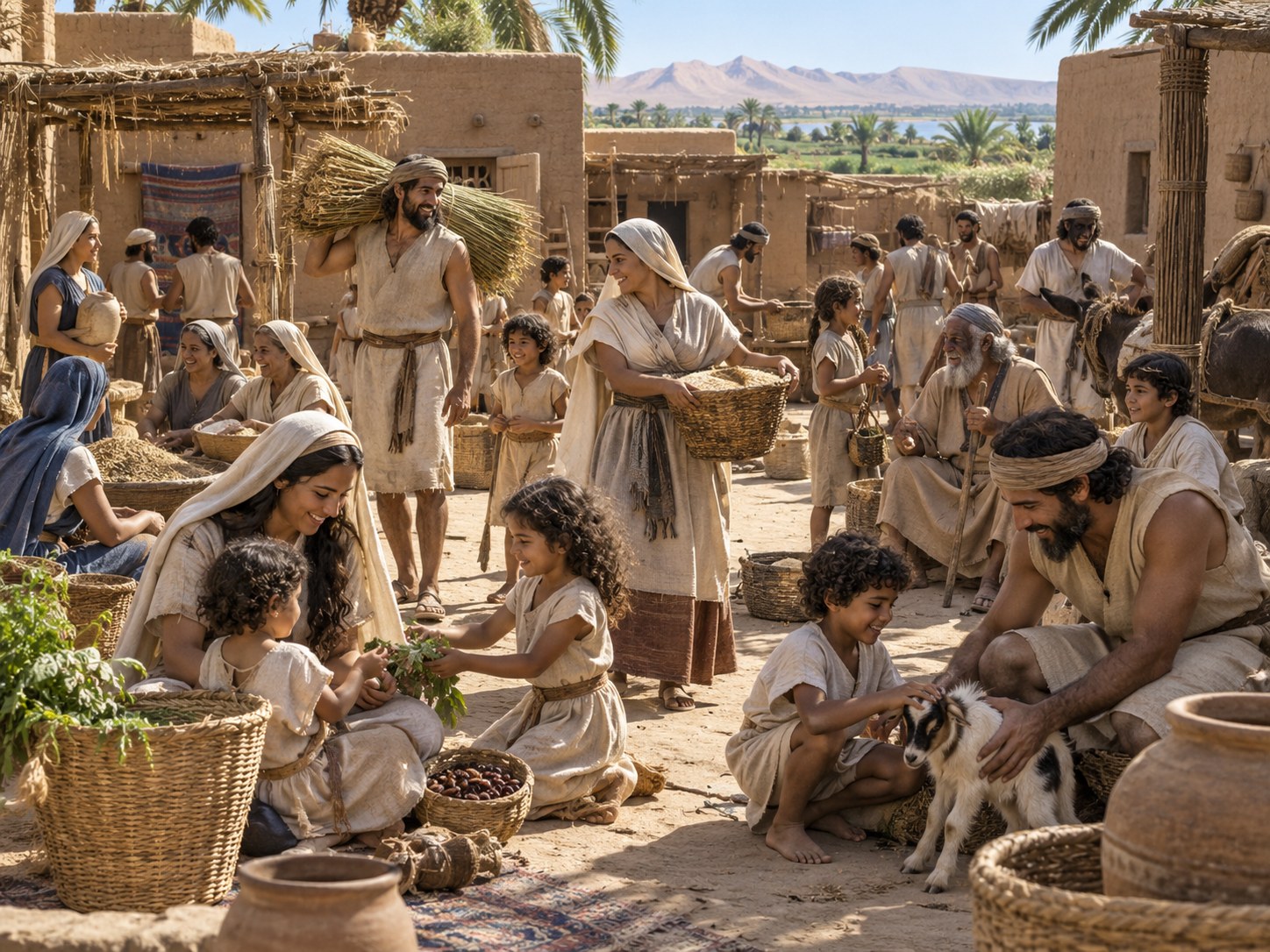 Famílias hebraicas numerosas em um povoado do Delta do Egito, com crianças, tendas e casas de tijolo de barro espalhadas até o horizonte.