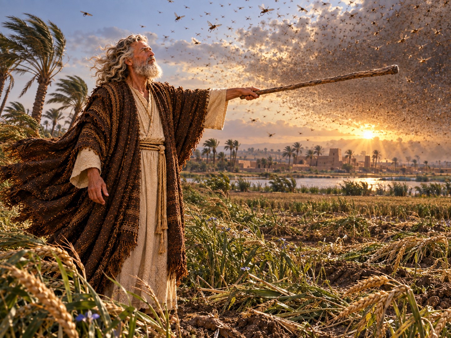 Campo egípcio sob vento forte ao amanhecer: as tamareiras vergam todas para o mesmo lado, o ar está carregado de poeira dourada e, no horizonte claro, forma-se uma faixa escura que se aproxima.