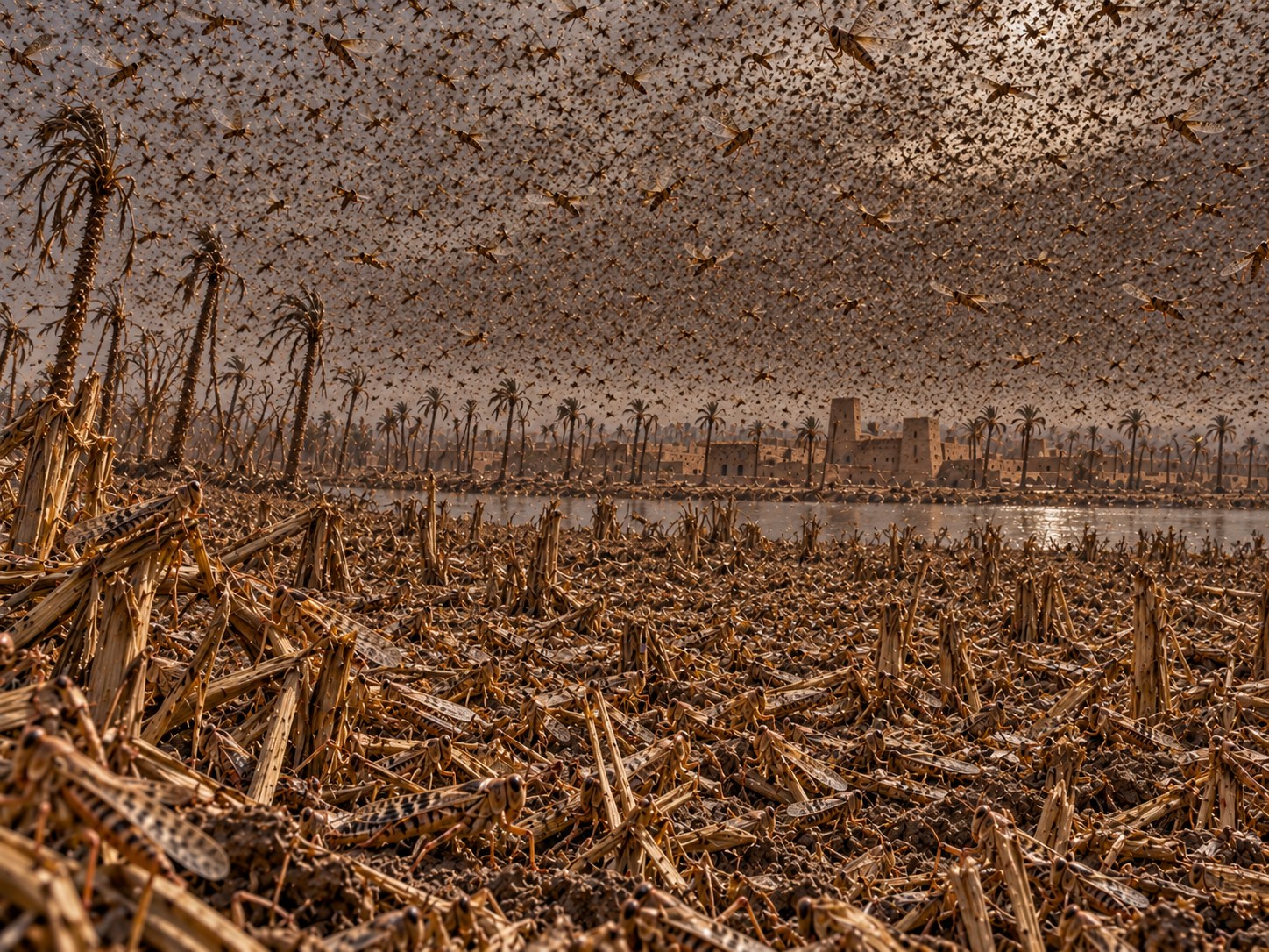 Pomar egípcio depois da praga: tamareiras e figueiras completamente desfolhadas, chão de terra batida sem uma folha, muros de barro e o rio ao fundo sob um céu pálido, tudo em tons de ocre e cinza.