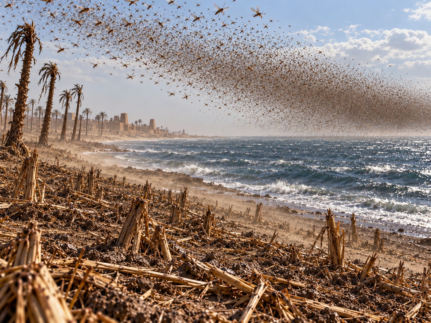 Um vento forte vindo do mar arrasta a nuvem de gafanhotos para fora do Egito e a despeja nas águas do mar dos Juncos.