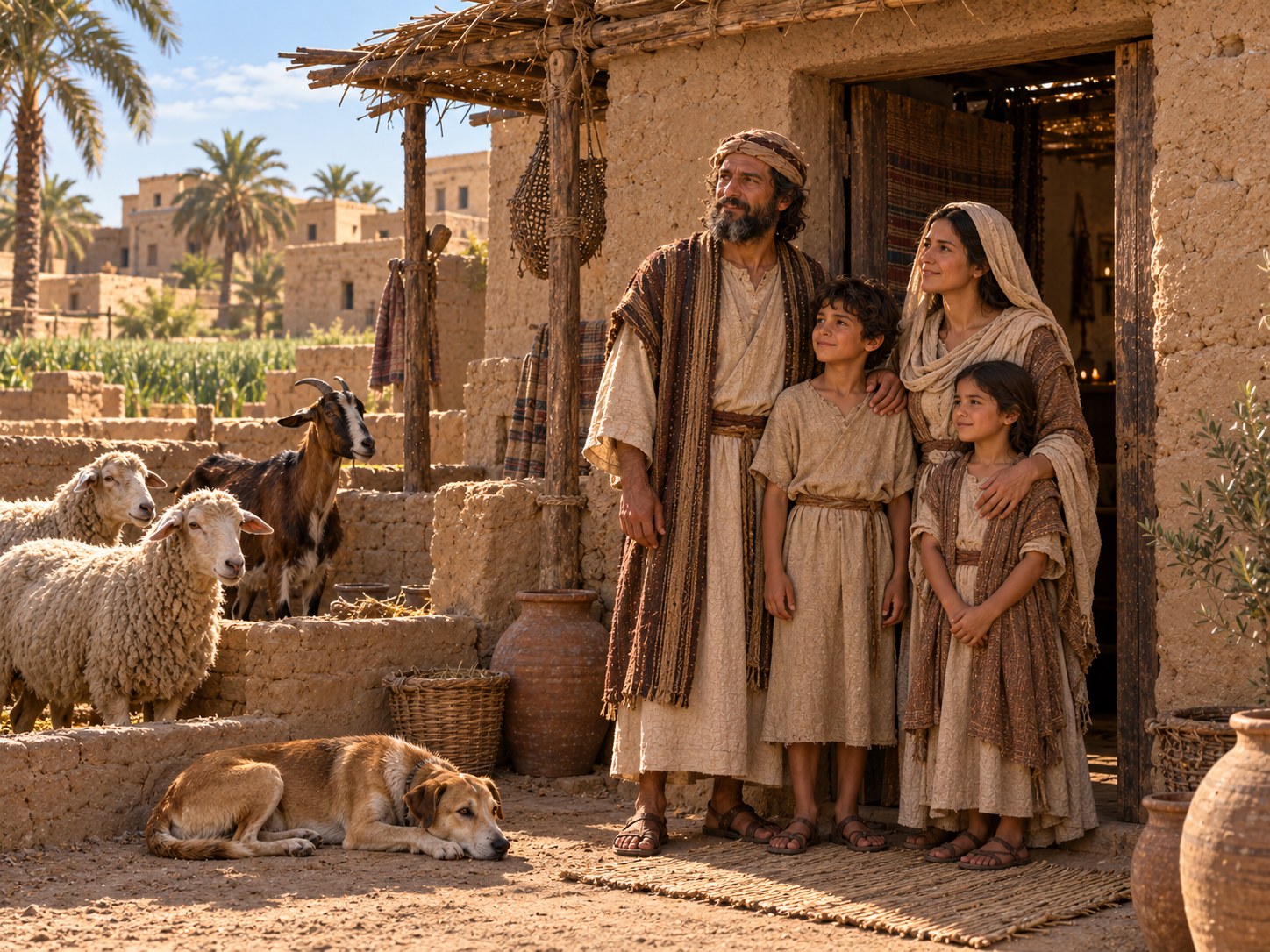 Cão egípcio de caça imóvel e silencioso diante de casas de tijolo cru ao luar, com a silhueta de um cemitério no deserto ao fundo.