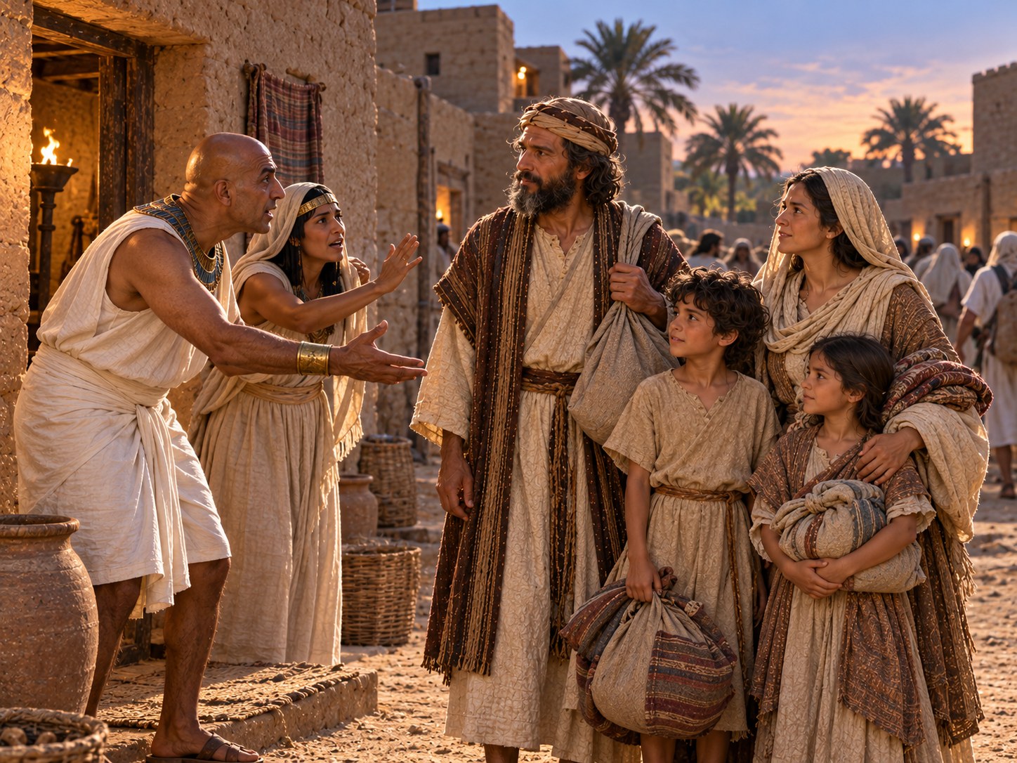 Egípcios aflitos, ainda de noite, apressando famílias israelitas a deixar o Egito.