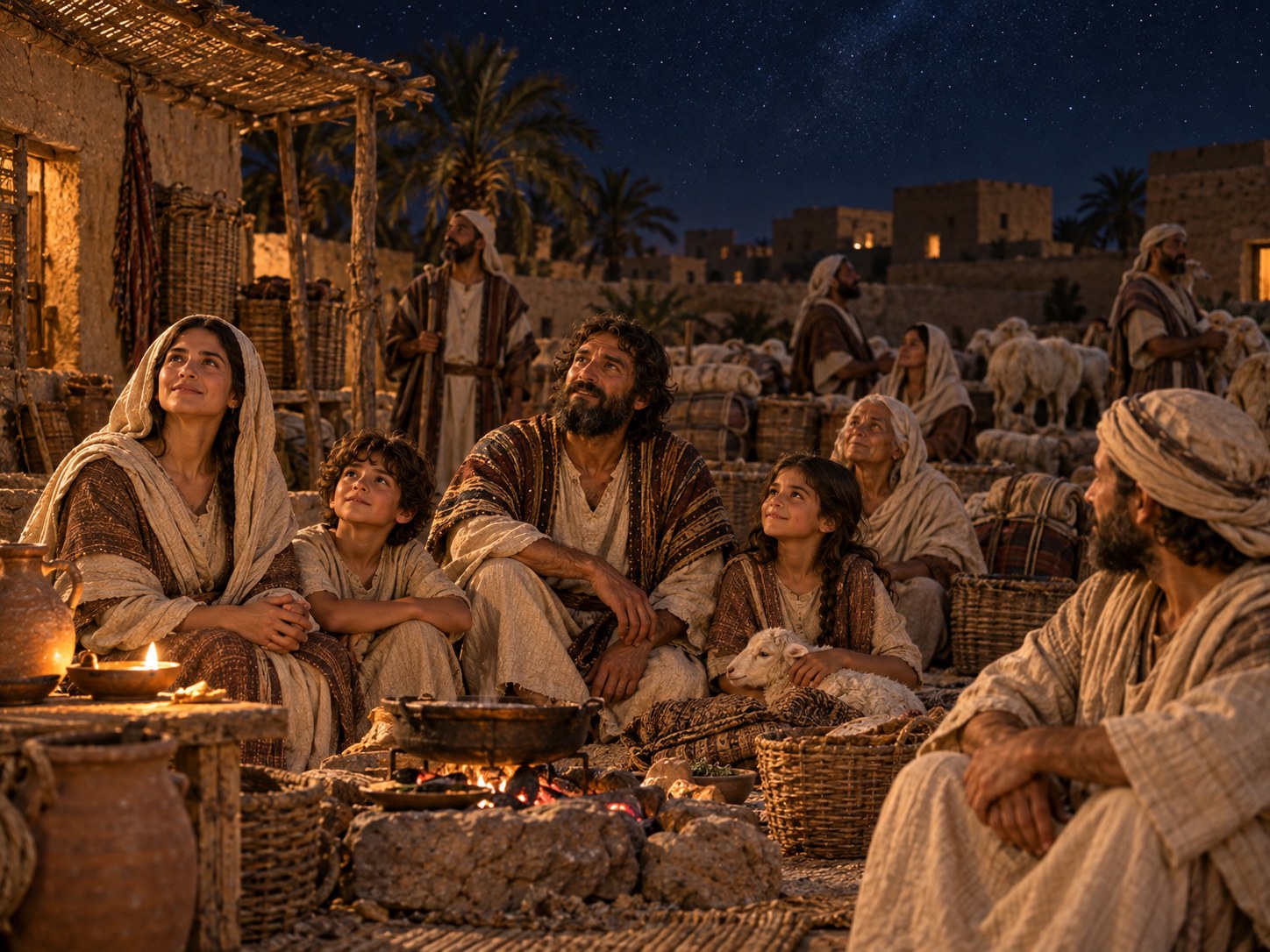Interior de casa simples iluminado por lamparina de barro, com pessoas acordadas ao redor de uma mesa baixa durante a noite.