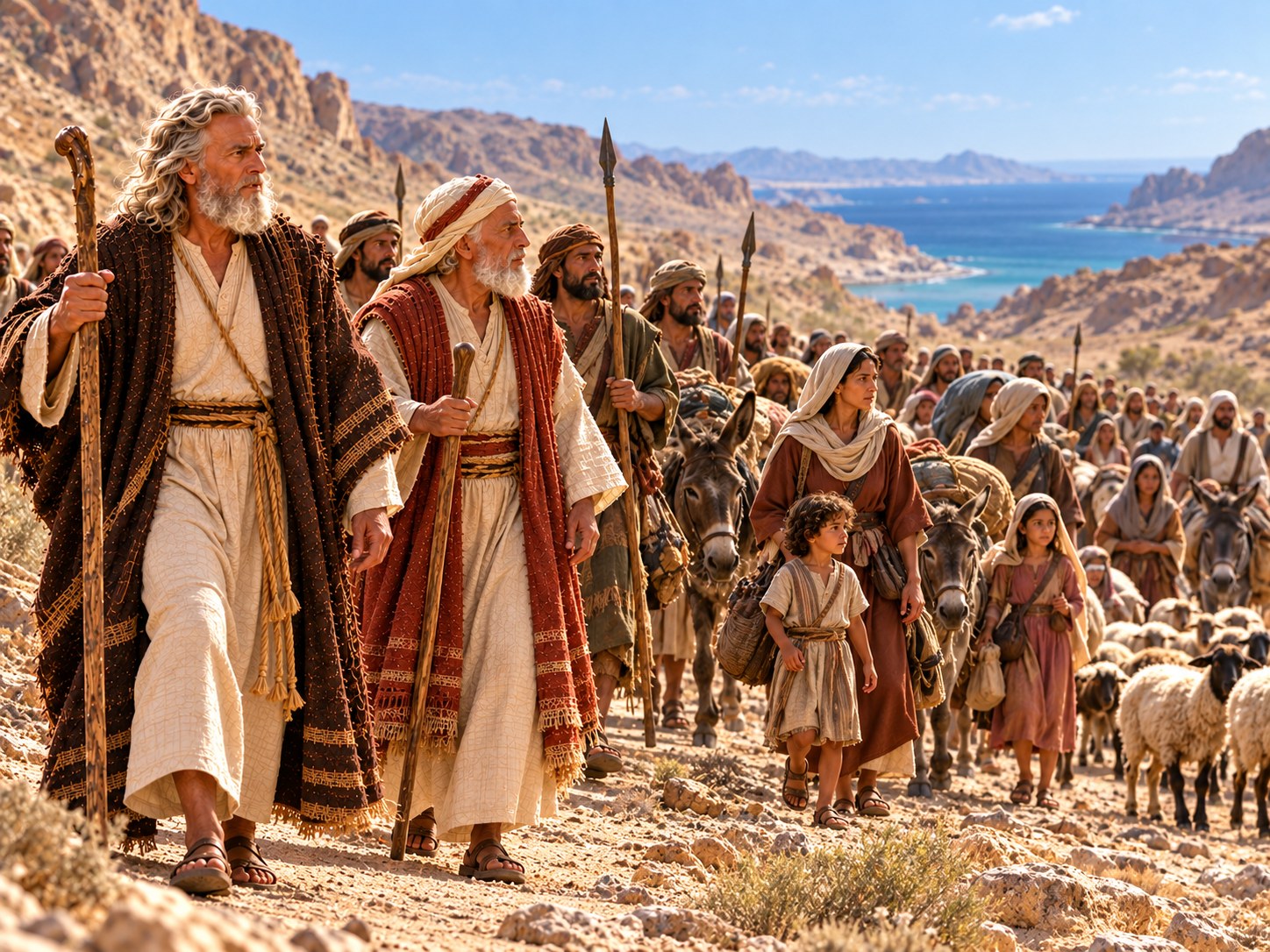 Coluna ordenada de israelitas descendo uma trilha de pedra em direção ao deserto ao amanhecer, com cajados, fundas e feixes de carga, e a franja verde do Delta ficando atrás.