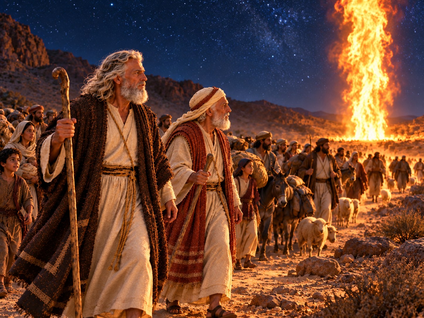 Acampamento de tendas no deserto ao anoitecer, com uma coluna luminosa de fogo erguida imóvel à frente do grupo e o céu já escuro atrás.