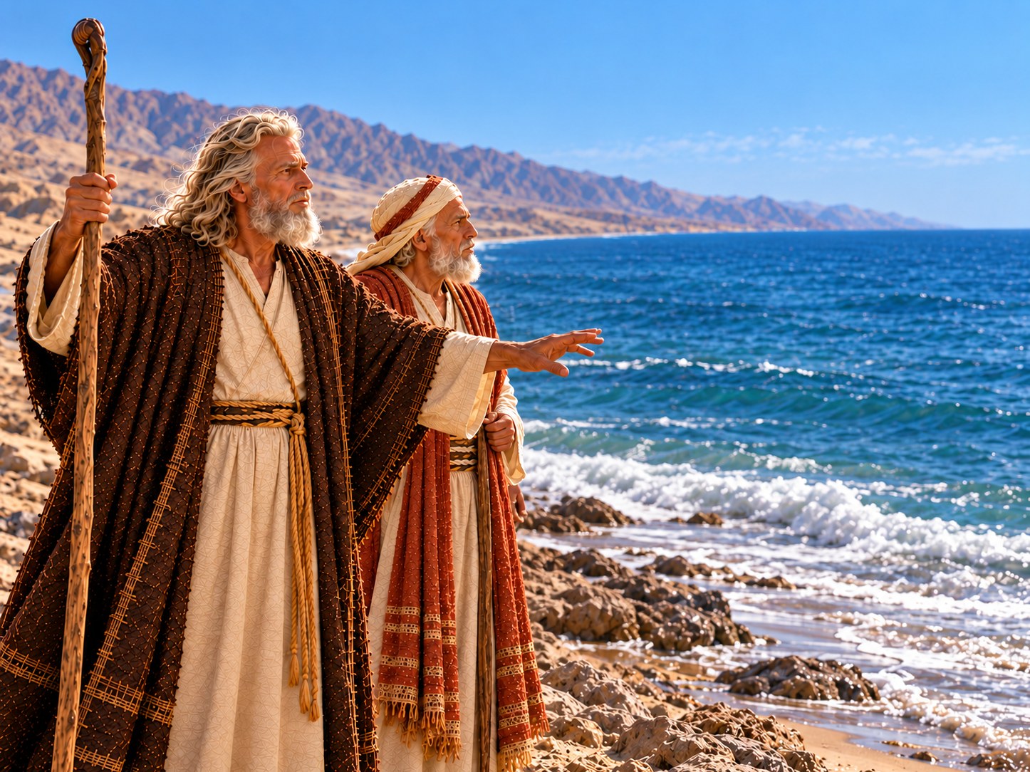 Homem de pé numa faixa de areia molhada, braço estendido sobre a água escura de um mar que começa a se abrir, com um bastão de madeira na mão e uma multidão indistinta atrás dele.