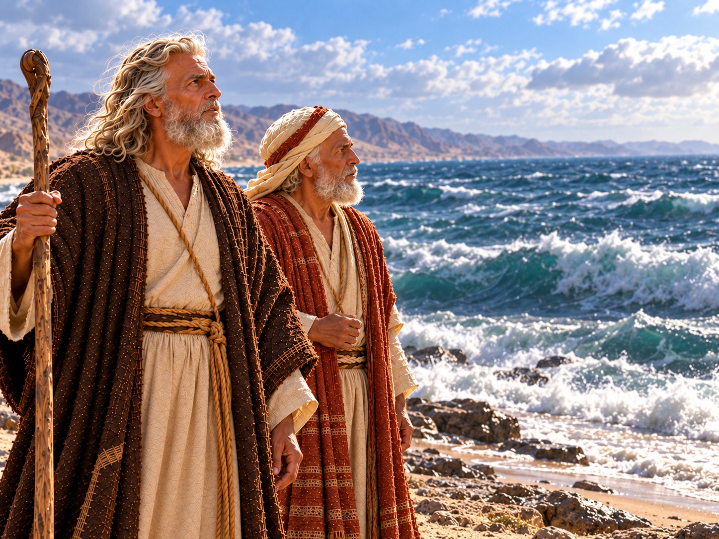 Corredor de areia molhada entre duas paredes de água escura, com a coluna de um exército de carros de guerra entrando por ele ao fundo, vista de cima e de longe.