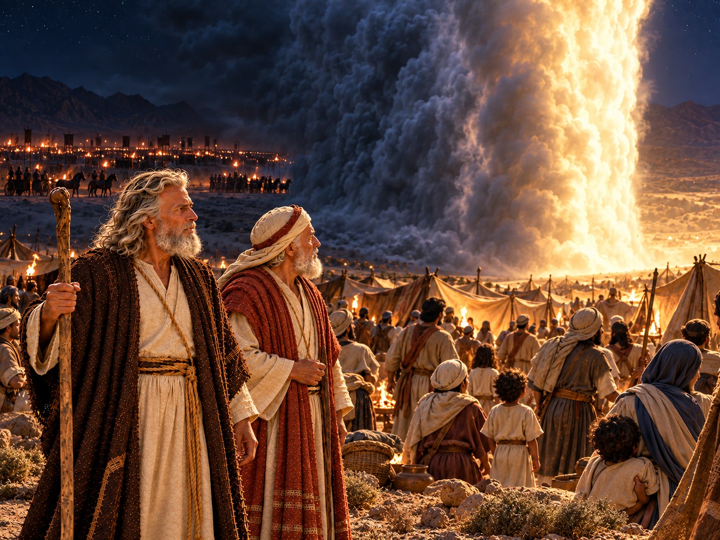 A coluna de nuvem parada entre o acampamento egípcio e o de Israel durante a noite, escura de um lado e luminosa do outro.