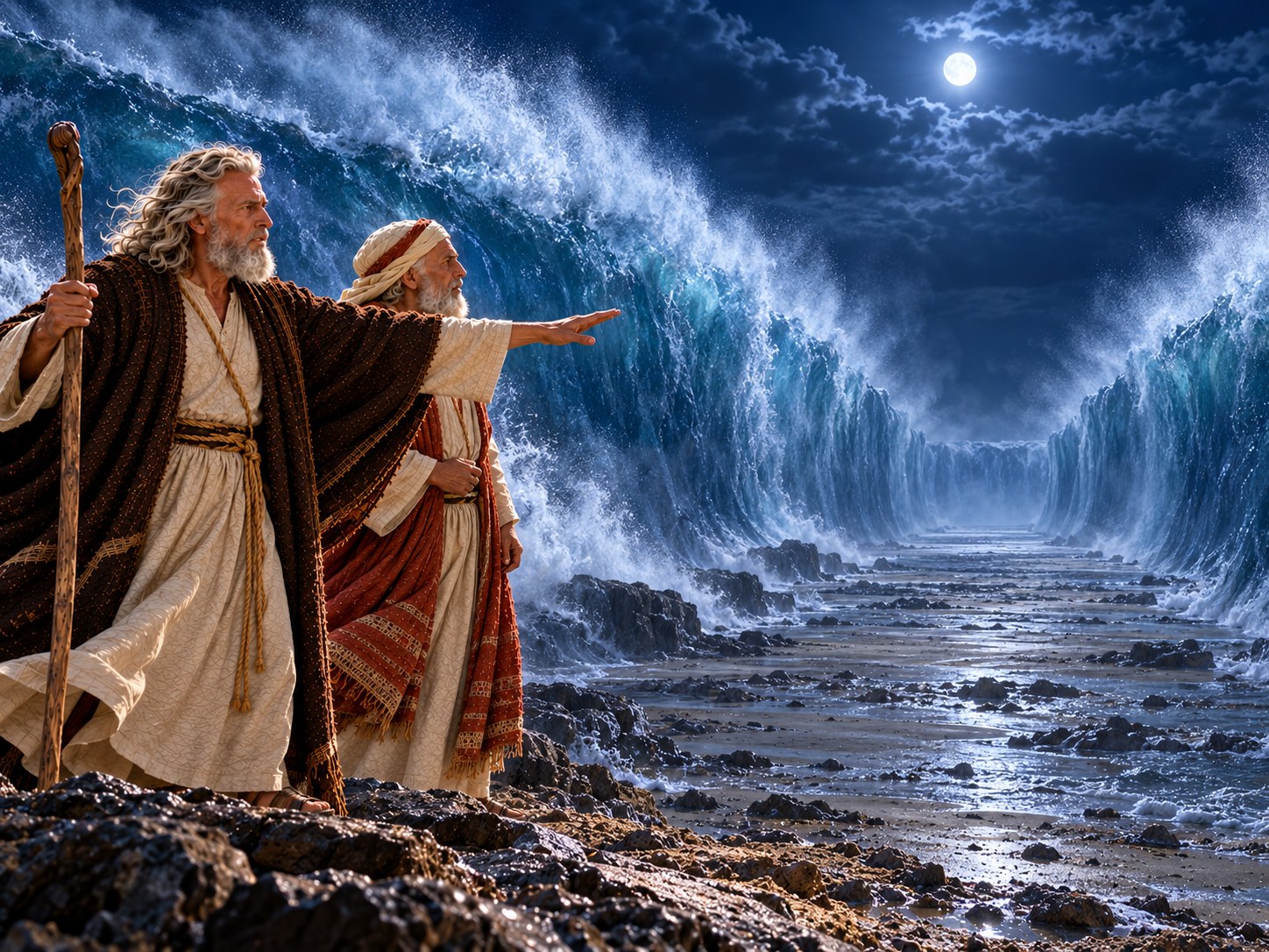 Moisés com o braço estendido sobre a água à noite, o vento levantando areia e o fundo do mar começando a aparecer no escuro.
