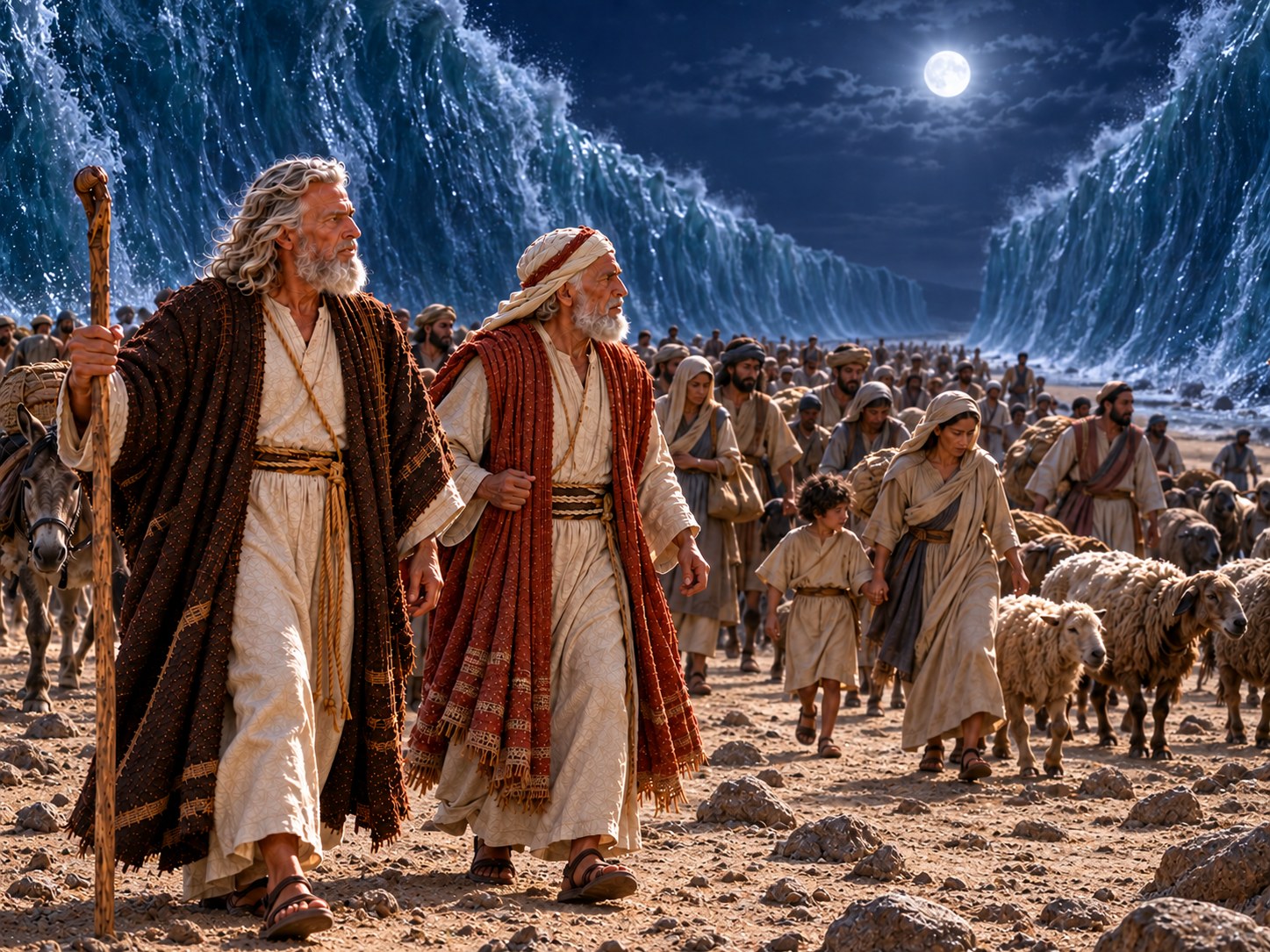 Israelitas caminhando pelo leito exposto do mar, com paredes de água contida à direita e à esquerda, sob a luz da coluna ao fundo.