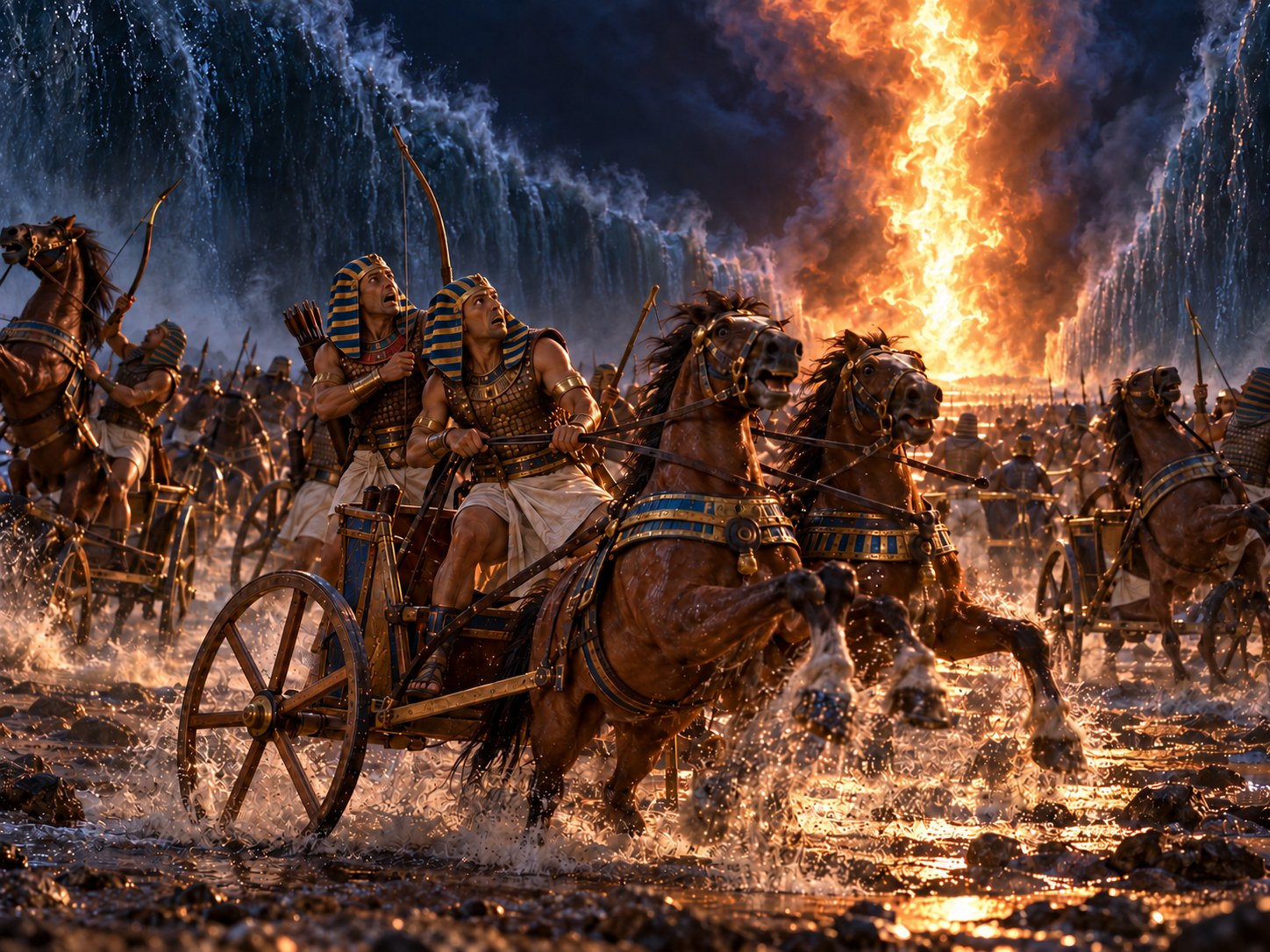 Acampamento de carros de guerra egípcios no fundo escuro de um leito de mar, antes do amanhecer, com uma coluna luminosa ao fundo.