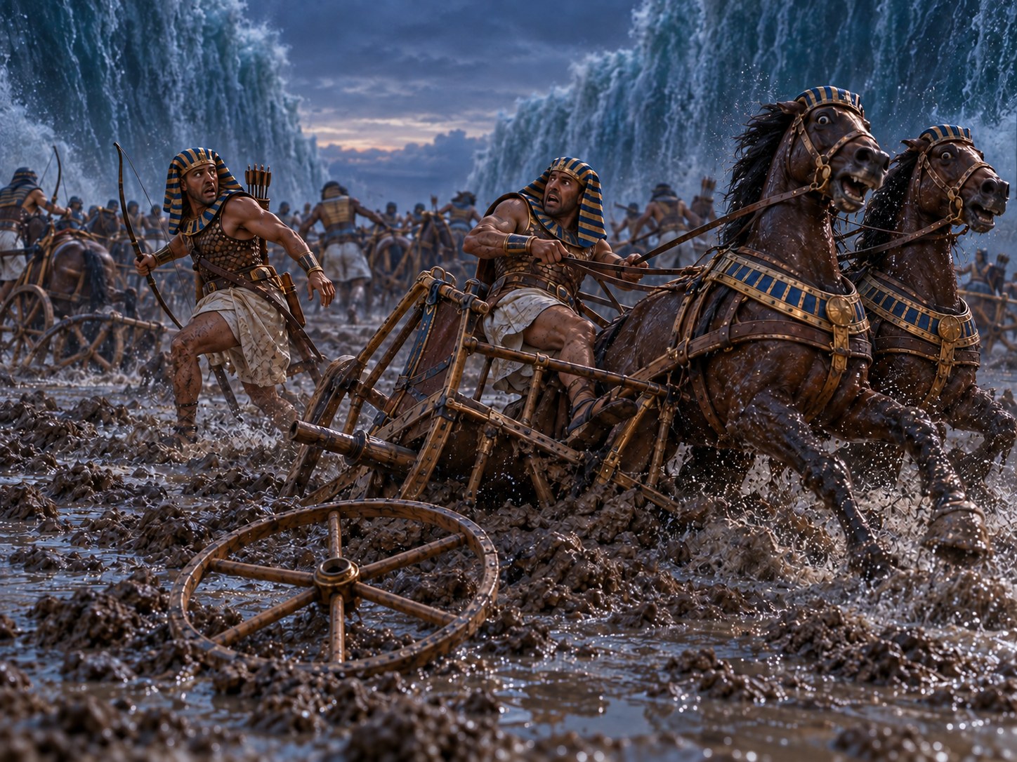 Roda de carro de guerra egípcio afundada no leito lodoso de um mar, com o veículo tombado ao lado.