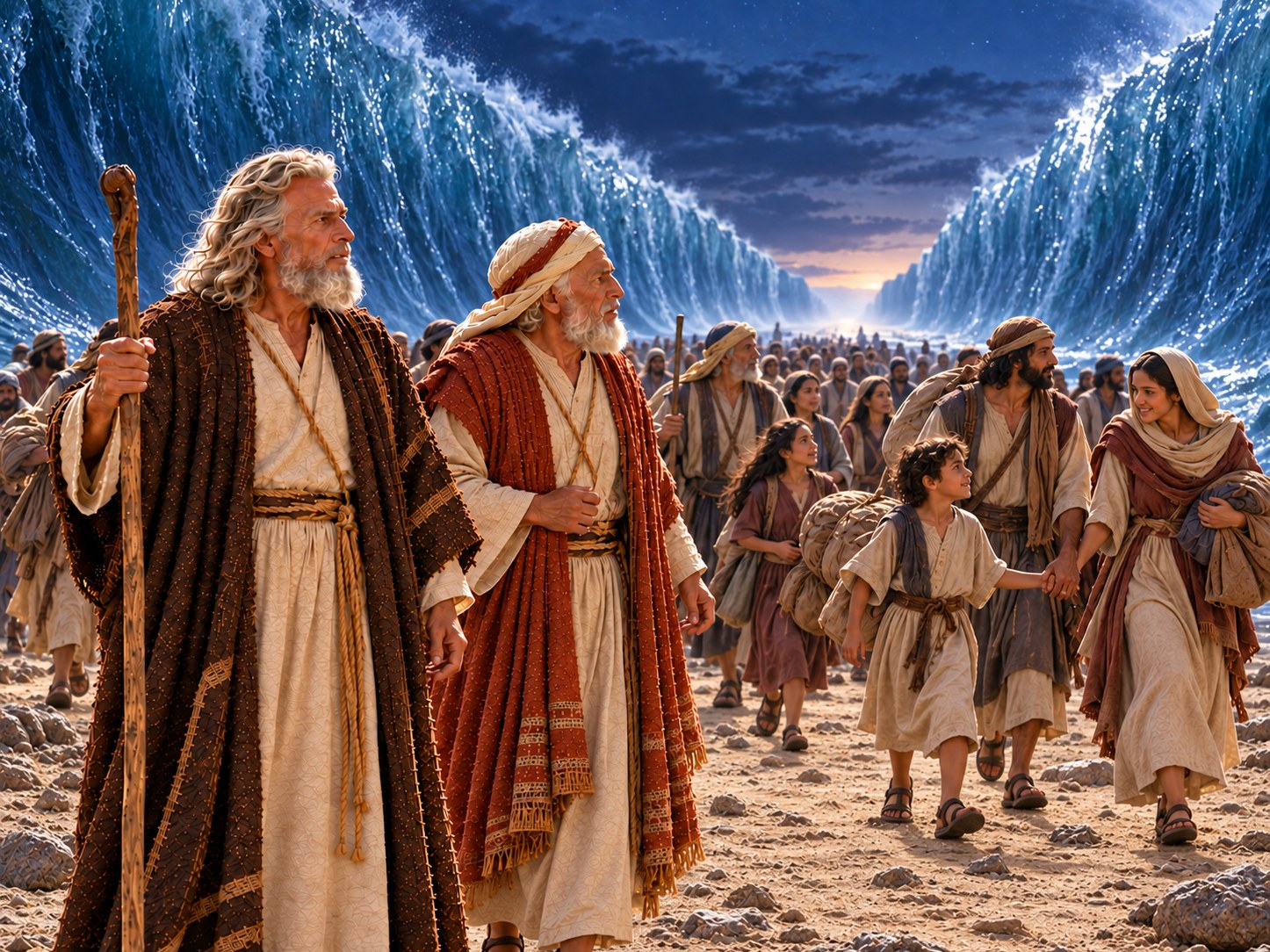 Multidão de israelitas caminhando pelo corredor de chão seco entre duas paredes de água, vista de trás, com a claridade da manhã à frente.