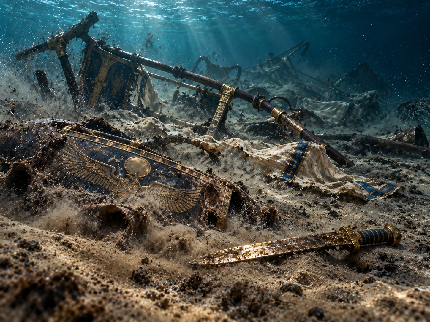 Praia deserta ao amanhecer, com a areia cobrindo pouco a pouco escudos e rodas de carros de guerra deixados pelo mar, e marcas de ondas recuando.