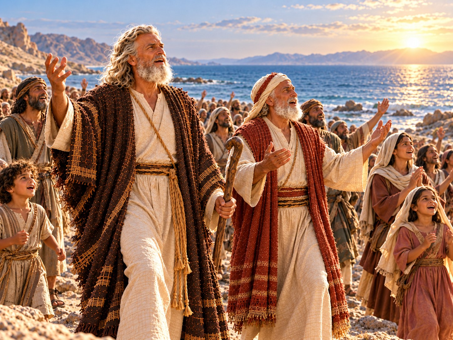 Moisés de pé na margem do mar ao amanhecer, braços erguidos, com uma multidão de israelitas atrás dele cantando, e destroços de carros egípcios na água ao fundo.