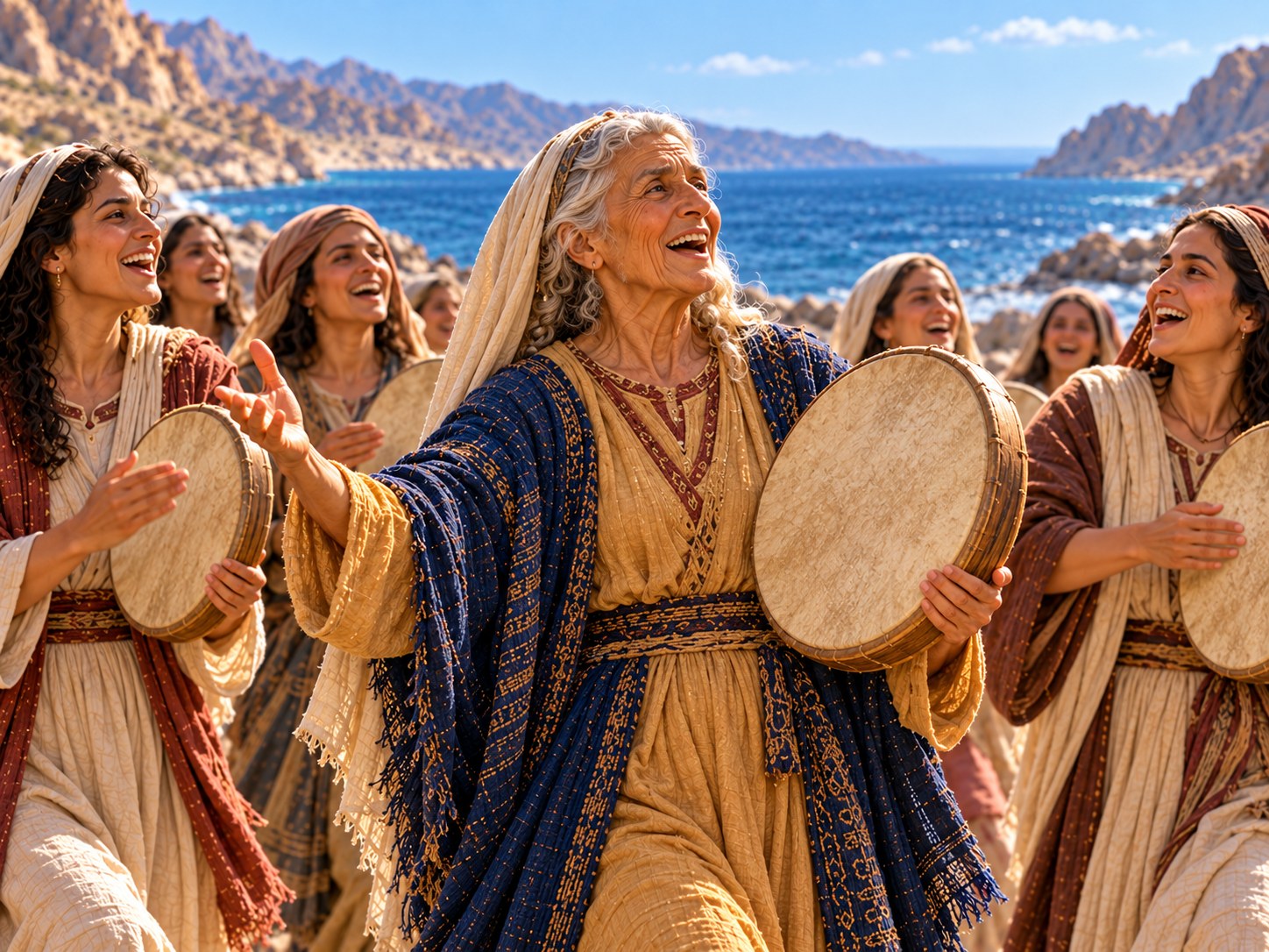 Miriã de pé na praia, uma mão erguida e a outra segurando o tamborim, cantando para um grupo de mulheres e homens que respondem, com o mar calmo ao fundo.
