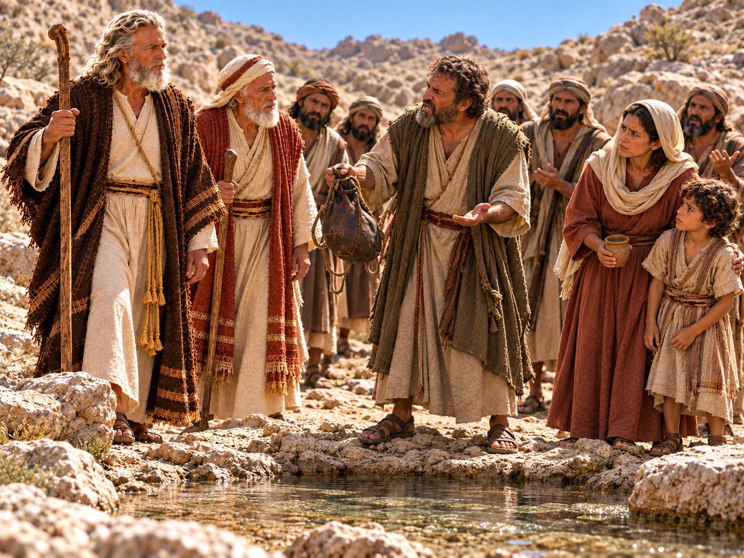 Multidão sedenta no deserto, em volta de uma fonte, com homens erguendo os braços e apontando para Moisés, que está de pé, em silêncio, olhando para o céu.