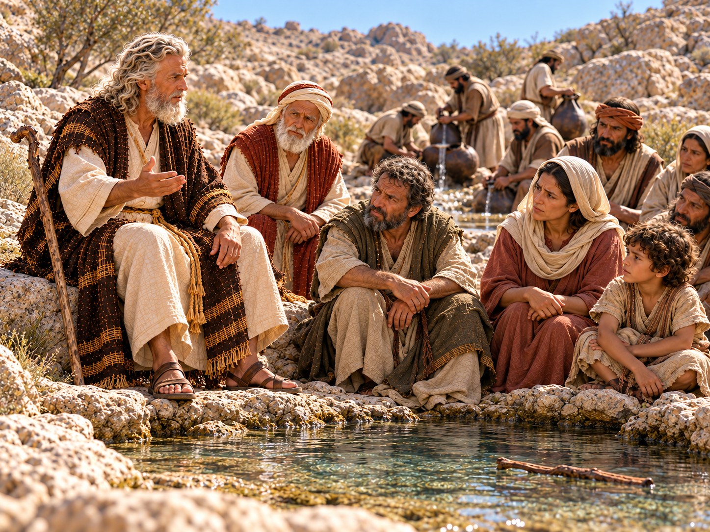 Acampamento israelita junto a uma fonte no deserto, ao entardecer; Moisés, de pé sobre uma pedra, fala ao povo reunido, enquanto mulheres enchem jarros na água agora boa de beber.