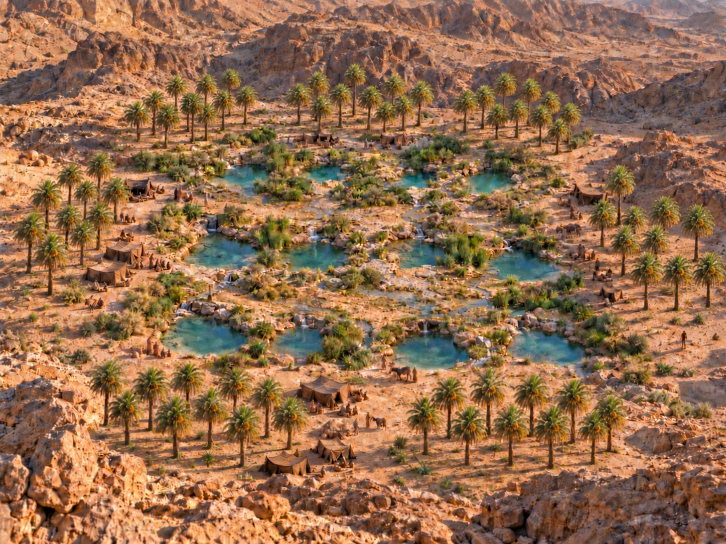 Oásis num vale seco do Sinai, com tamareiras de troncos irregulares, tamargueiras e pequenas fontes no leito arenoso; tendas israelitas armadas junto à água ao fim da tarde.