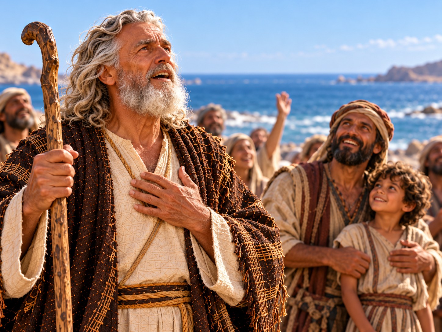 Uma jovem serva israelita na beira do mar ao amanhecer, com uma criança no colo que aponta para o céu sobre as águas, entre uma multidão que canta.