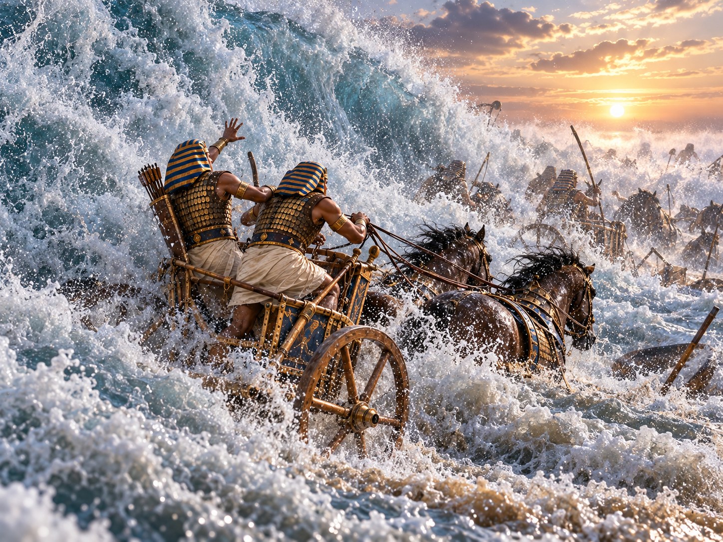 Carros de guerra egípcios tombando num mar escuro, cavalos e oficiais de elite afundando entre ondas e juncos, sob um céu de amanhecer.