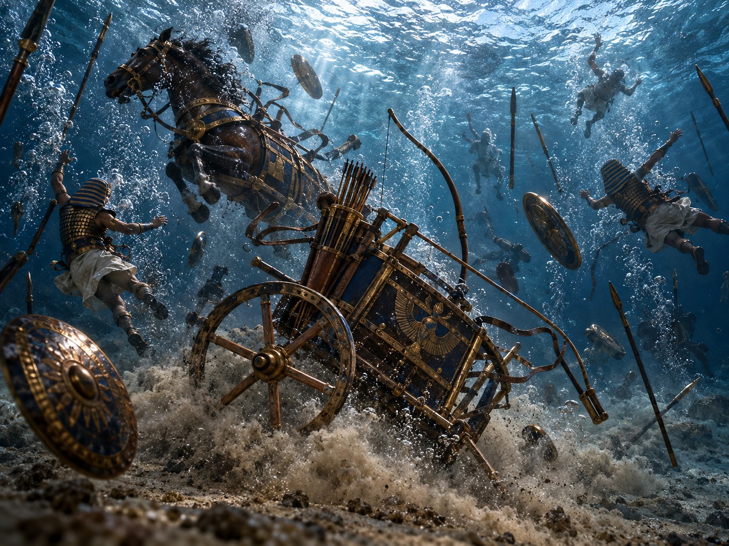 Guerreiros egípcios e destroços de carros descendo como pedras para o fundo escuro de um mar revolto, com a luz da superfície se afastando acima.