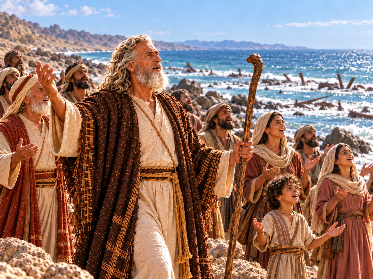 Mão direita luminosa estendida sobre o mar revolto, partindo as ondas que se fecham sobre um exército de carros ao amanhecer.
