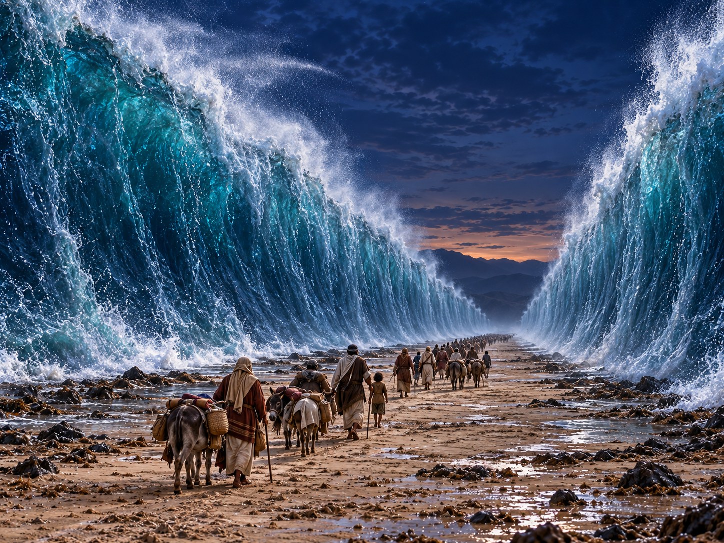 Paredes altas de água escura erguidas e imóveis no meio do mar à noite, com a superfície do fundo exposta entre elas e um vento forte varrendo o leito.