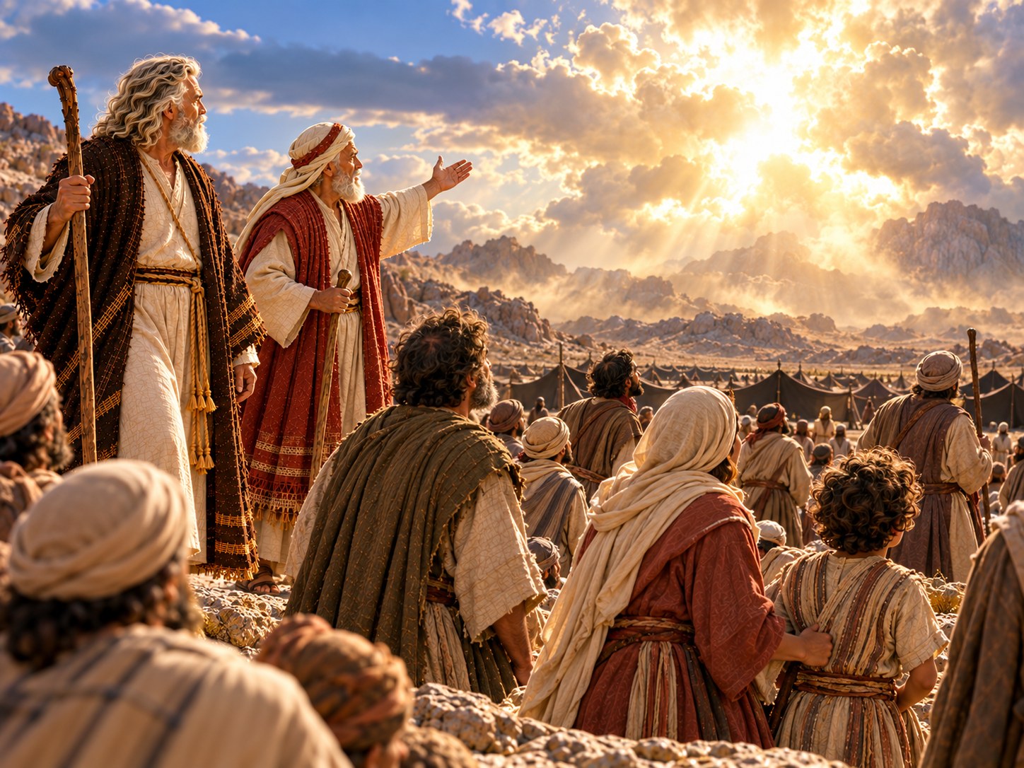 Multidão de israelitas no acampamento do deserto, de costas para as tendas, olhando para o horizonte vazio, onde uma nuvem alta brilha por dentro, enquanto Arão, de pé diante do povo, para no meio da fala.