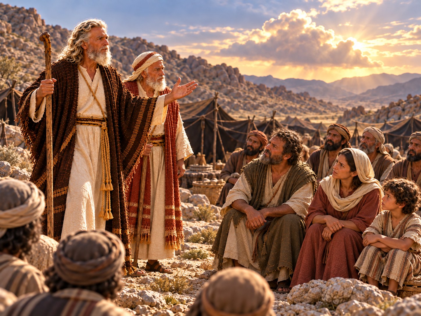 Moisés, ao cair da tarde, falando ao povo reunido diante das tendas no deserto, com o céu alaranjado ao fundo e algumas famílias segurando cestos vazios.