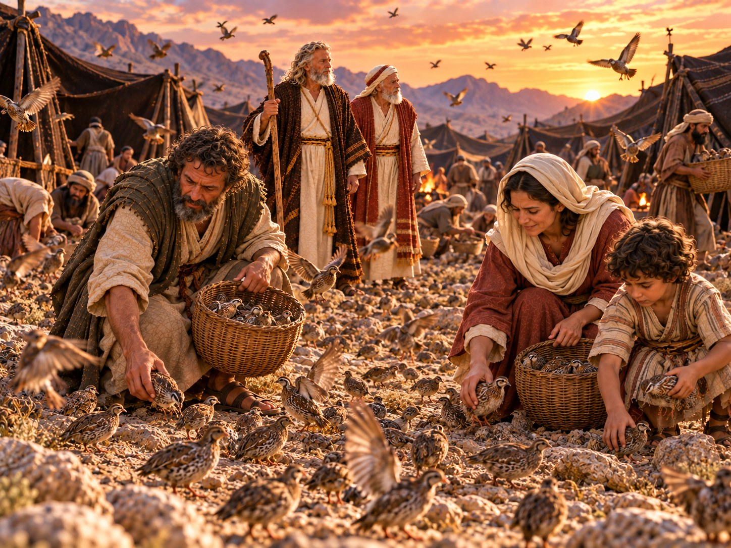 Fim de tarde no deserto, com um bando de pequenas codornizes pardas descendo exaustas sobre um acampamento de tendas de pele, enquanto pessoas saem das tendas e olham para o céu alaranjado.