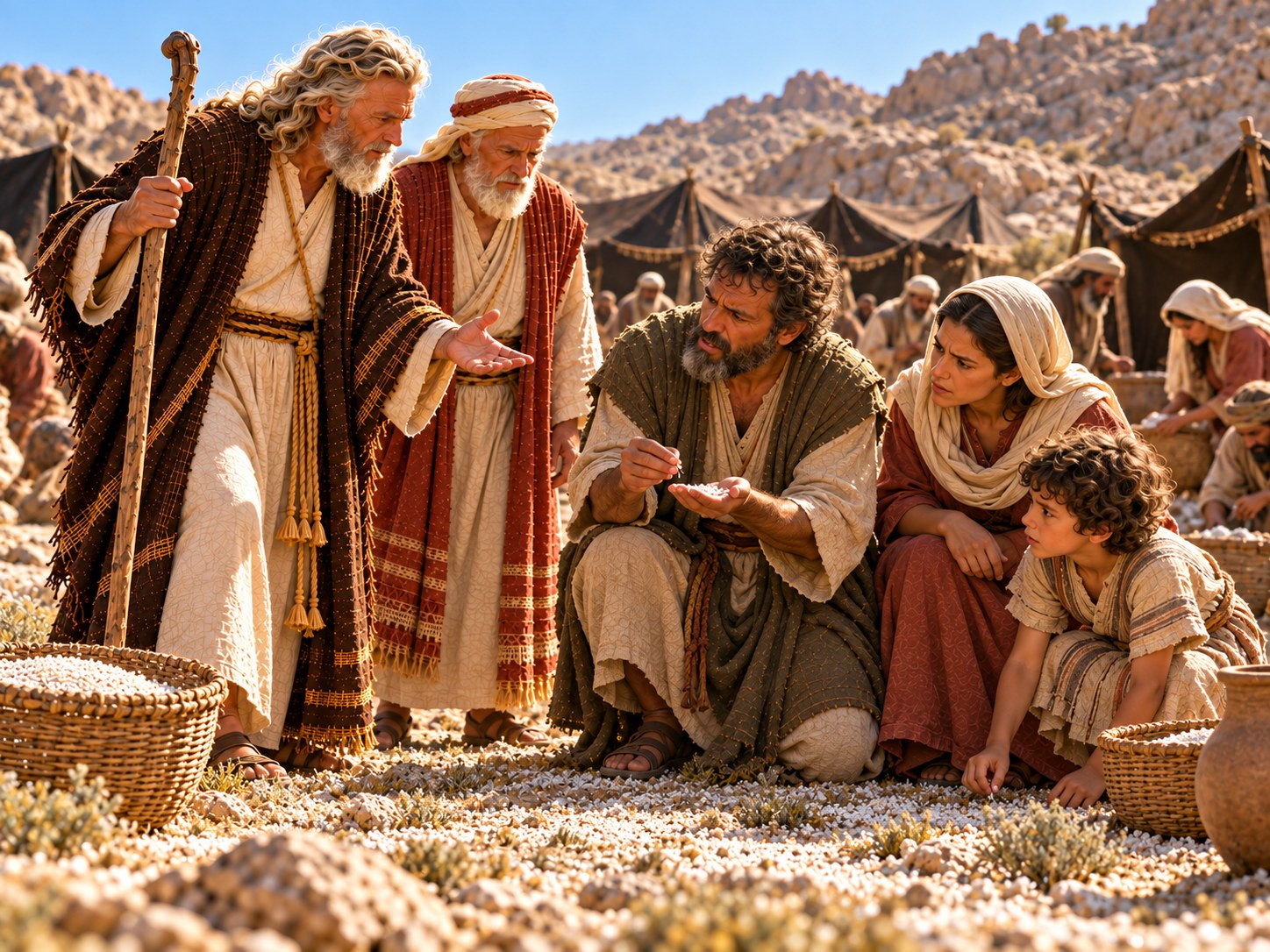 Um grupo de israelitas no deserto ao amanhecer, ajoelhados e de pé diante de um chão coberto de flocos brancos, olhando uns para os outros com espanto, enquanto Moisés, de pé, aponta para o chão e fala com eles.