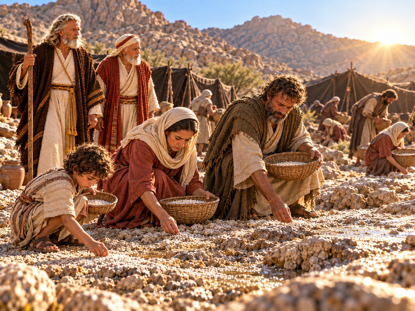 Planície do deserto ao amanhecer, com o chão coberto de uma camada branca e fina; famílias recolhem os grãos em cestos enquanto o sol nasce atrás das montanhas, e ao longe a camada branca já começa a desaparecer onde a luz bate.