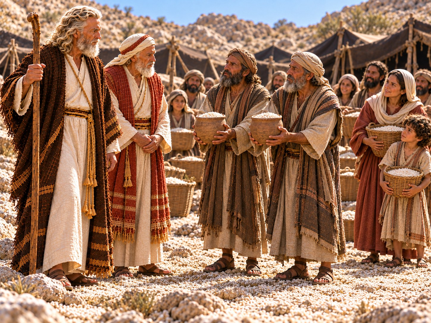 Grupo de chefes tribais com mantos de lã e cajados caminhando entre as tendas de um acampamento no deserto ao amanhecer, em direção a um homem mais velho de pé diante da sua tenda; ao fundo, mulheres medem grãos brancos em vasilhas de barro.