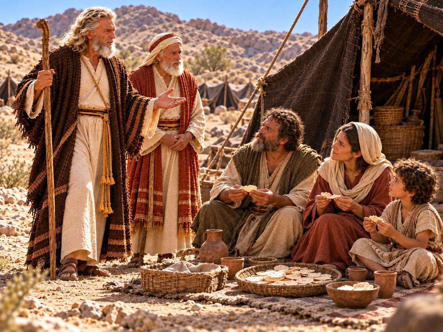 Família sentada no chão de uma tenda no deserto, de manhã, partindo pães claros sobre uma esteira, enquanto lá fora o terreno em volta do acampamento aparece vazio sob a luz baixa.