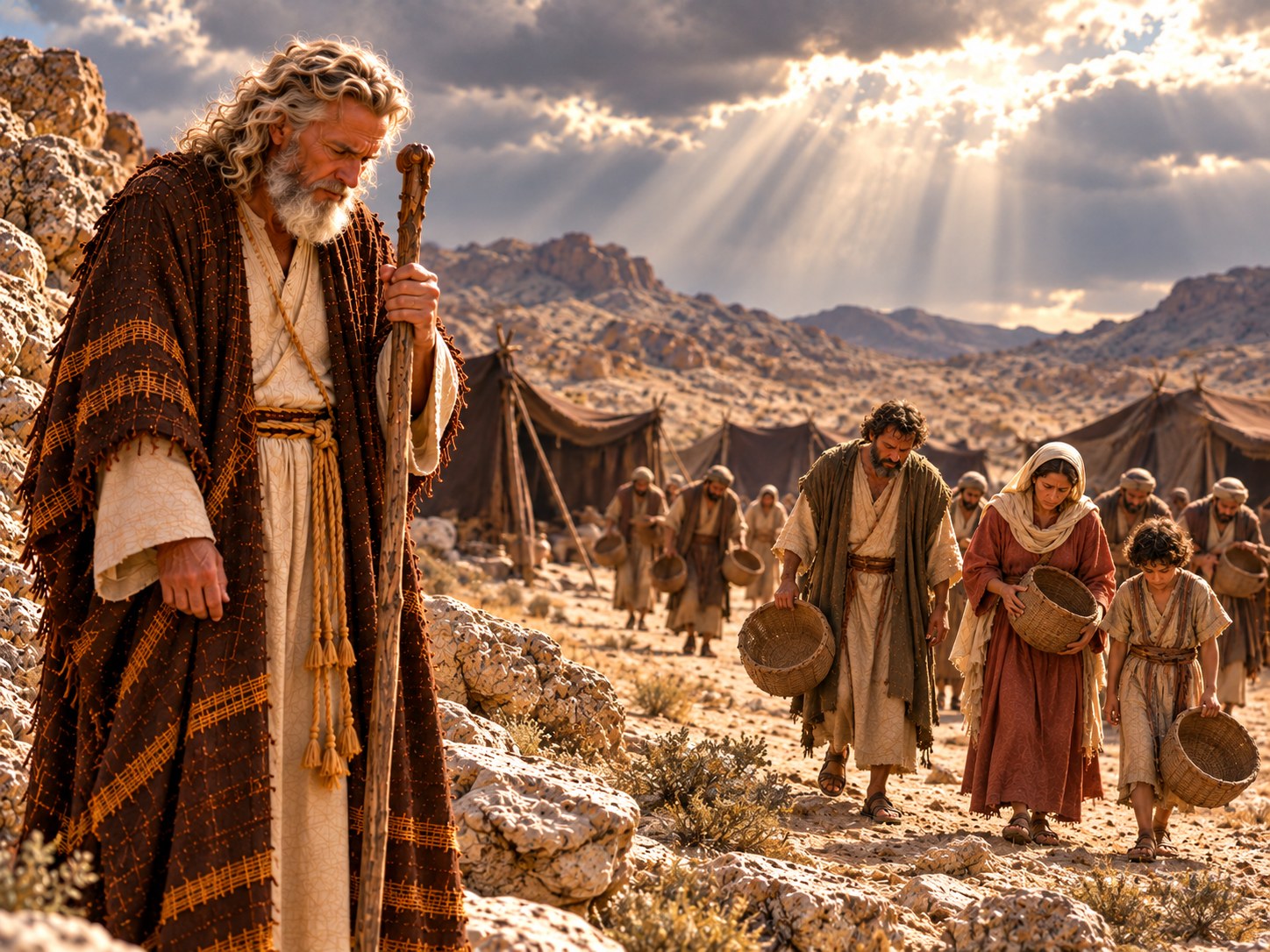 Num acampamento de tendas no deserto, ao amanhecer, Moisés está de pé, sério, ouvindo, enquanto ao longe alguns homens voltam do campo com cestos vazios nas mãos.