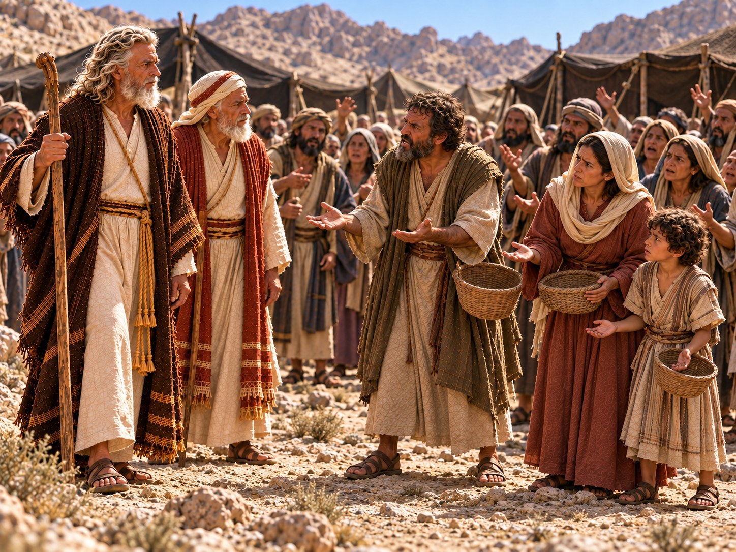 Grande multidão de israelitas reunida num acampamento no deserto, rostos voltados para dois homens de túnicas simples, Moisés e Arão, de pé diante das tendas sob um céu pálido.