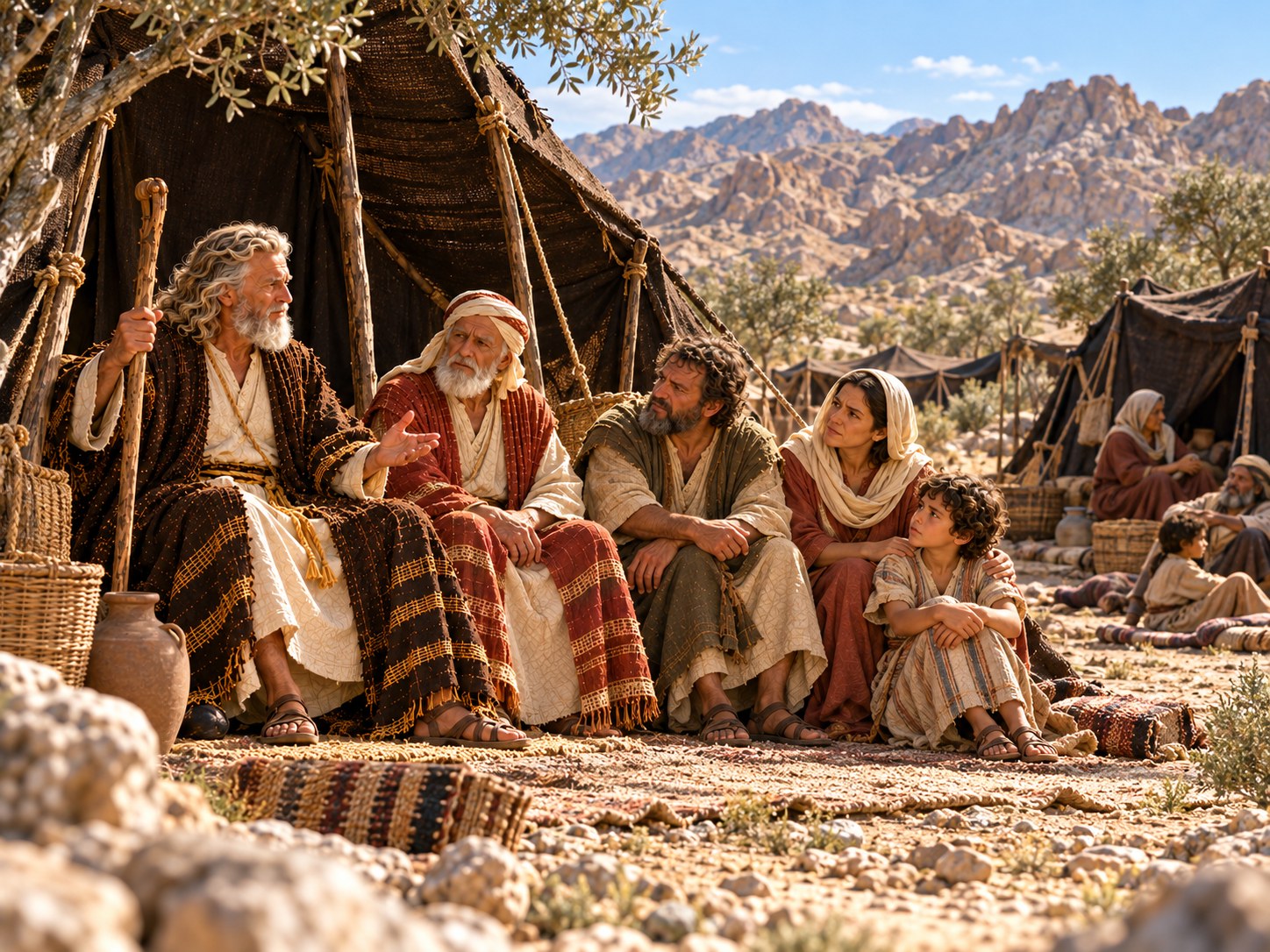 Um acampamento de tendas no deserto em silêncio, sob a luz da manhã; pessoas sentadas juntas diante das tendas, sem cestos, enquanto o campo ao redor permanece vazio e intocado.