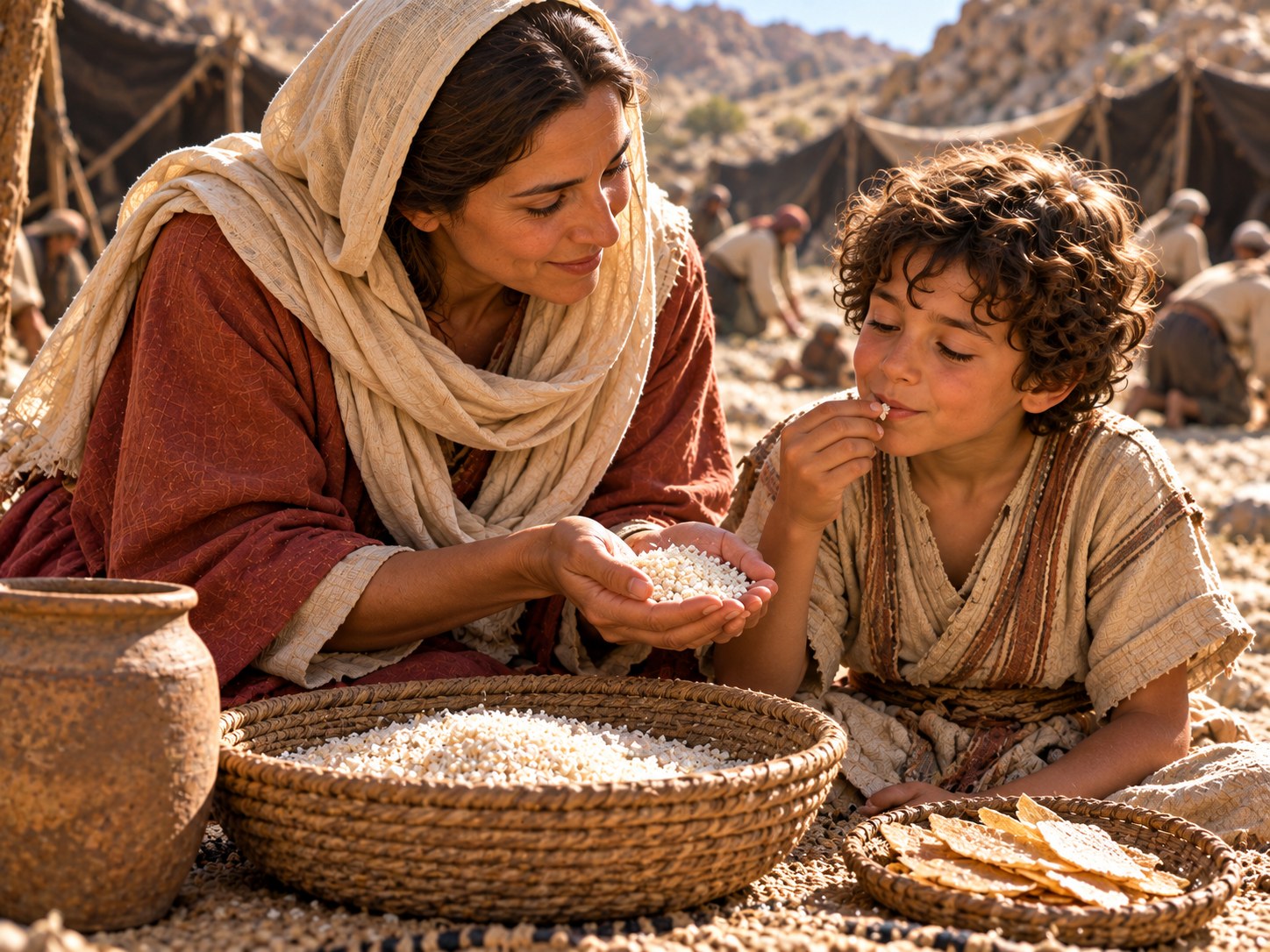 De manhã, diante de uma tenda no deserto, uma mulher mostra na palma da mão pequenos grãos brancos e redondos de maná ao lado de sementes de coentro pardas, enquanto uma criança prova um bolinho dourado untado de mel.