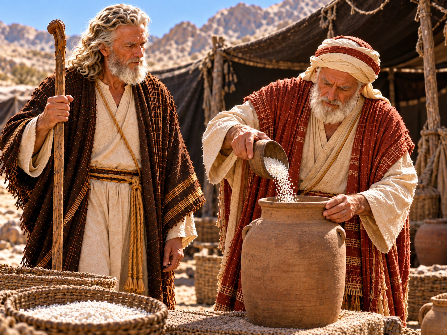 Arão, de túnica clara, segura com as duas mãos um jarro simples de barro cheio de grãos brancos de maná, de pé no meio do acampamento no deserto, enquanto Moisés aponta para um espaço vazio diante deles.