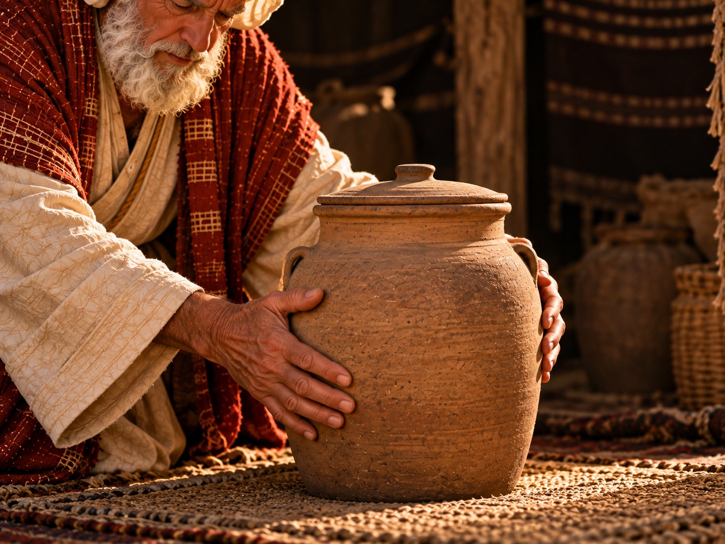 No interior escuro de uma tenda sagrada no deserto, um homem idoso de barba grisalha, em veste sacerdotal simples, pousa com as duas mãos um pequeno jarro de barro cheio de grãos brancos diante de duas tábuas de pedra apoiadas num baú revestido de ouro, à luz de uma lâmpada de azeite.