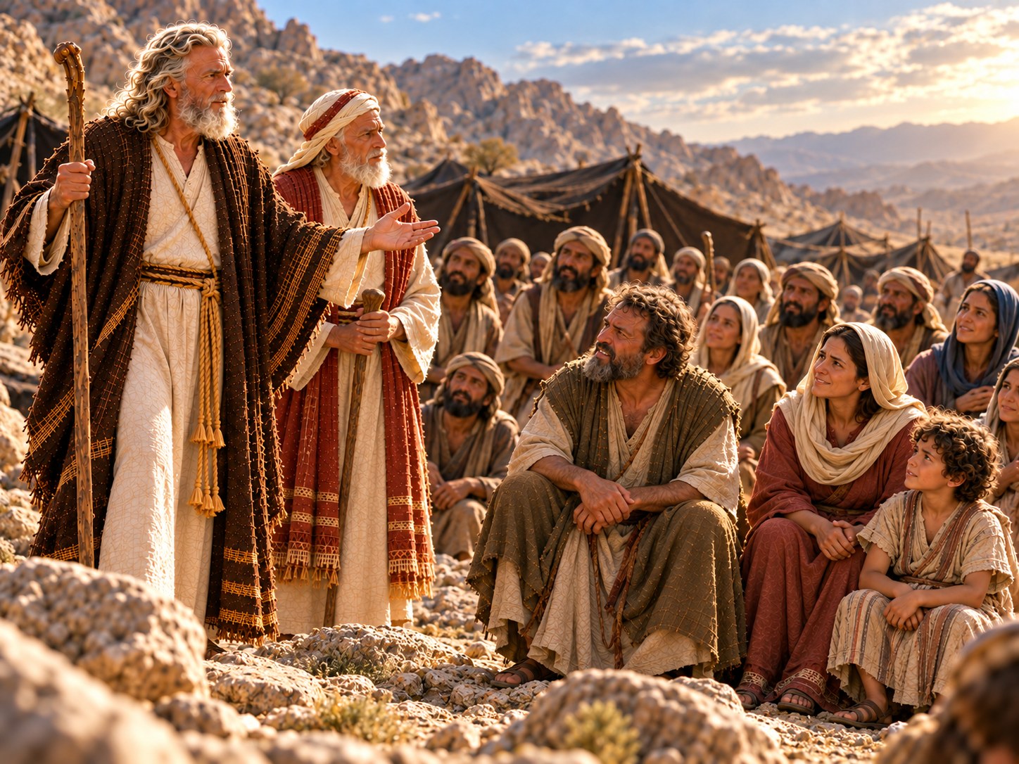 Moisés e Arão de pé diante de uma multidão no deserto, à luz do fim da tarde, Moisés com o braço erguido apontando para o horizonte enquanto o povo os escuta em silêncio.