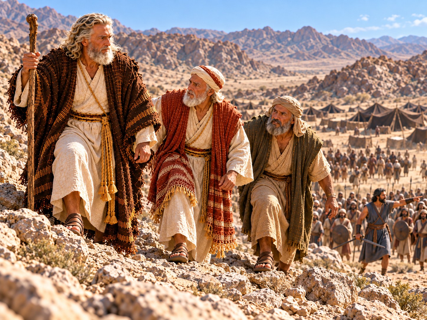 Três homens idosos sobem uma encosta rochosa ao amanhecer, o do meio com um cajado na mão, enquanto no vale abaixo uma tropa de homens com lanças avança contra guerreiros do deserto.
