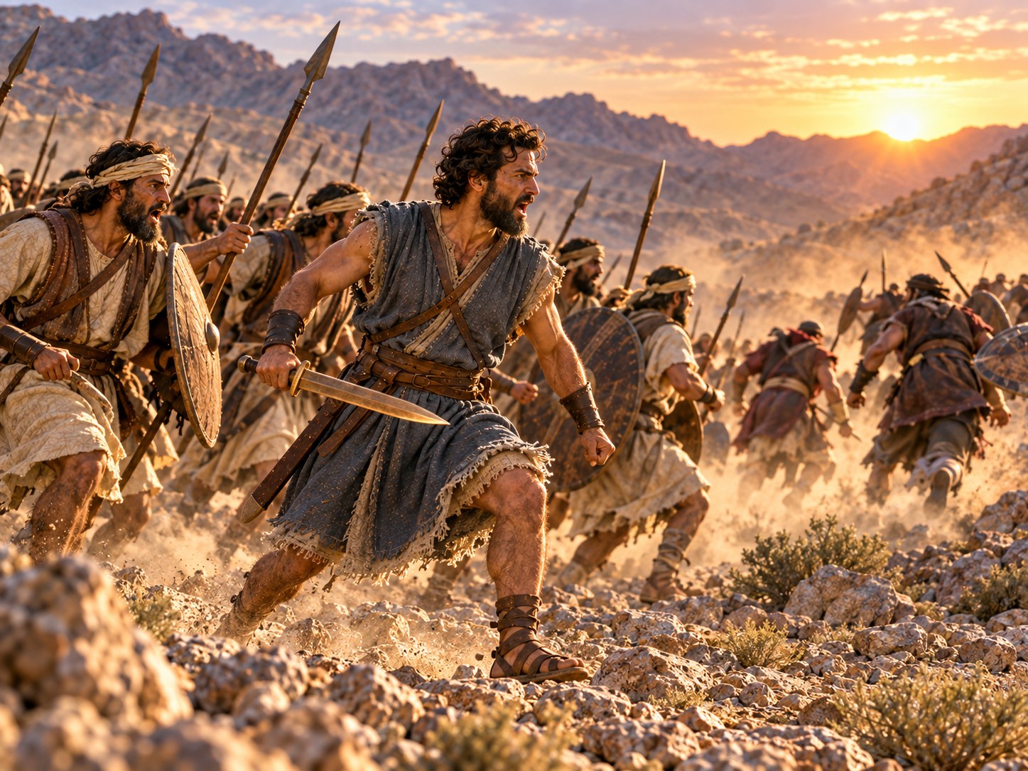 Vale pedregoso do deserto ao pôr do sol, com guerreiros amalequitas recuando em desordem para as colinas enquanto um jovem comandante israelita, de espada na mão, para à frente dos seus homens; no alto de uma colina ao fundo, contra o céu alaranjado, três figuras pequenas, a do meio sentada com os braços erguidos.