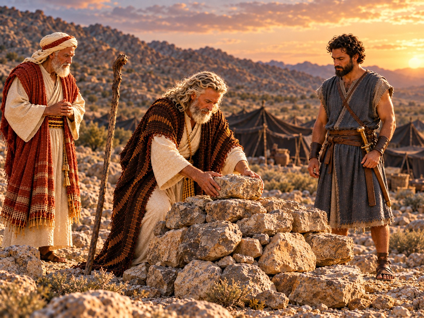 No alto de uma colina pedregosa do deserto, ao entardecer, um homem idoso de barba branca termina de empilhar pedras brutas num altar rústico, ao lado de um cajado de madeira fincado no chão, enquanto ao longe, no vale, o acampamento dos israelitas acende as primeiras fogueiras.
