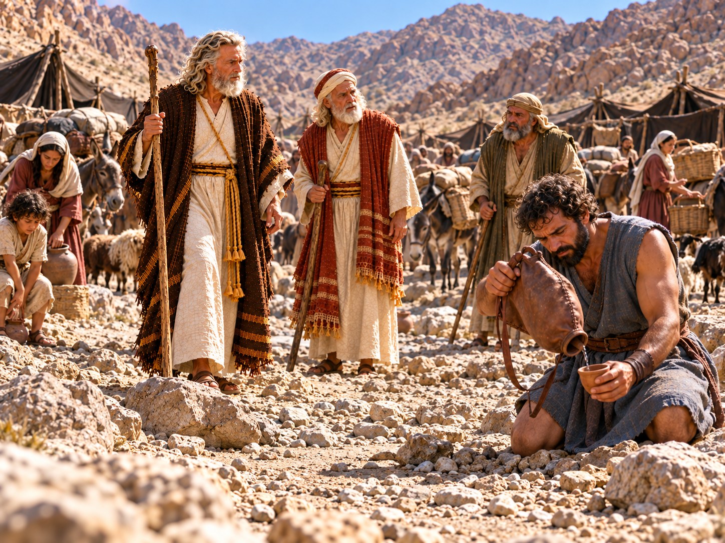 Longa fila de israelitas com tendas, odres e rebanhos chegando a um vale pedregoso e seco entre montanhas de granito avermelhado, sob a coluna de nuvem parada no céu; homens de pé examinam o leito seco de um riacho.