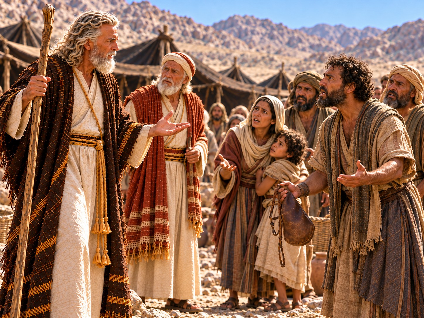 Multidão de israelitas cercando Moisés num acampamento de tendas em vale seco do deserto, alguns erguendo odres vazios e apontando para ele, enquanto Moisés, de pé e sereno, ergue uma das mãos em direção ao céu.