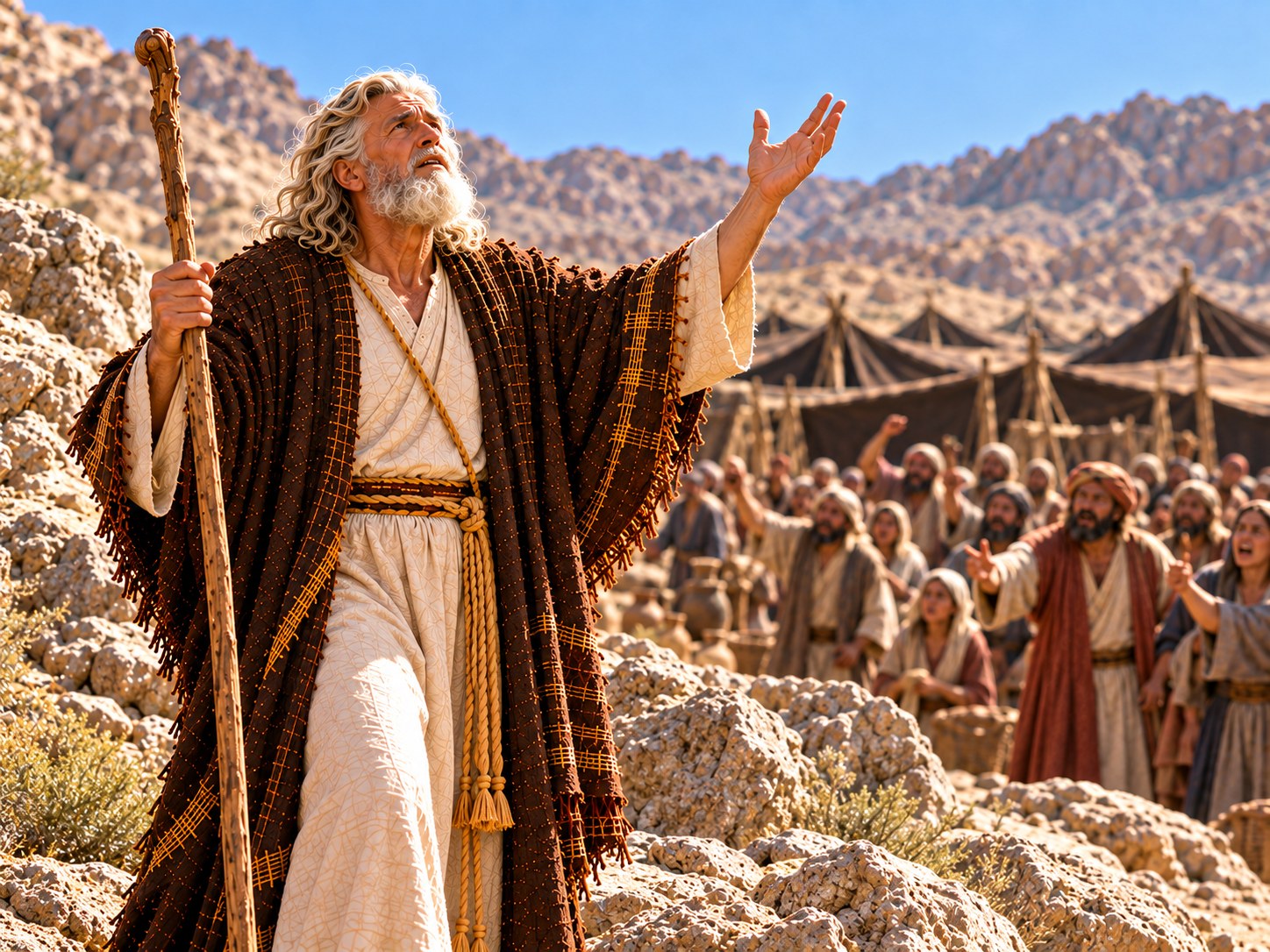 Moisés sozinho no acampamento de Refidim, com as mãos erguidas para o céu, enquanto atrás dele uma multidão sedenta e irritada se aglomera entre tendas no deserto pedregoso.