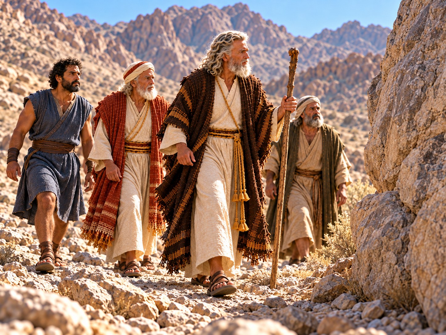 Moisés caminha à frente de uma multidão no deserto, com um cajado de pastor na mão, seguido por alguns anciãos de barba branca, enquanto o povo observa das tendas.